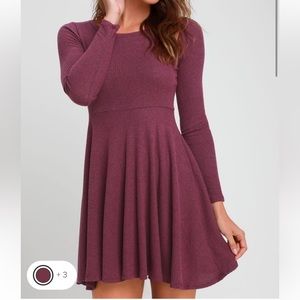 Lulu’s “Fit and Fair Ribbed Knit Long Sleeve Skater Dress” in Mauve Purple